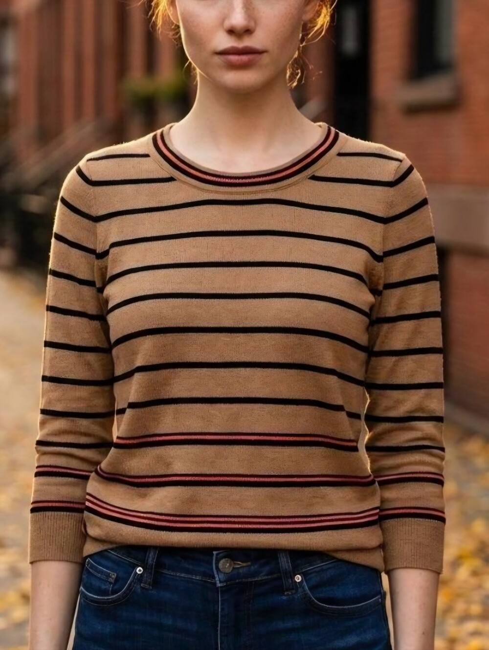 J.CREW Camel Tan 100% Merino Wool Knit Striped Crewneck Preppy Academia Sweater